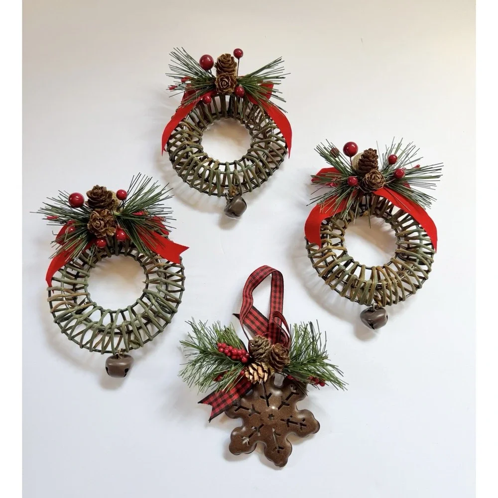 Rustic Metal Wreath Sleigh Bell Snowflake Ornaments Country Christmas 4pc Set
